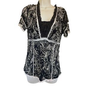 ALBERTO MAKALI Size M Black White Crinkle Floral Print Blouse Shirt Top